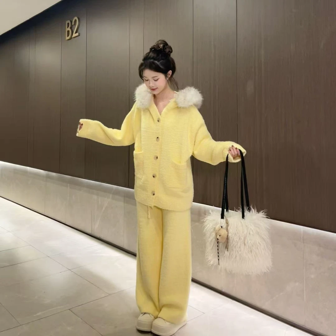 LIRUI【柏林雪夜】大毛领连帽毛衣套装冬季韩系时尚休闲针织两件套