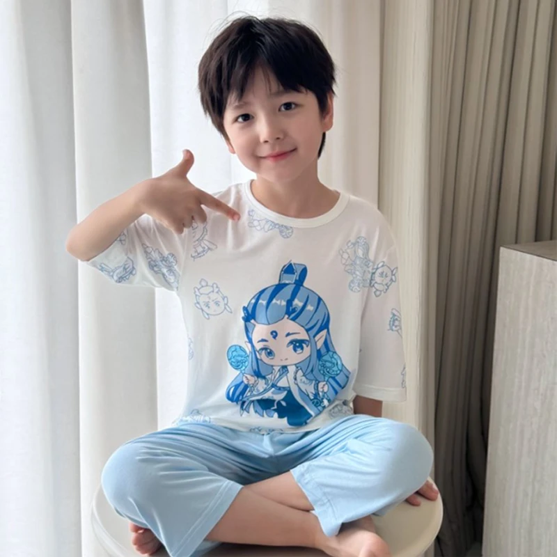 哪吒敖丙儿童睡衣夏季薄款莫代尔冰丝七分袖男童家居服空调服男孩