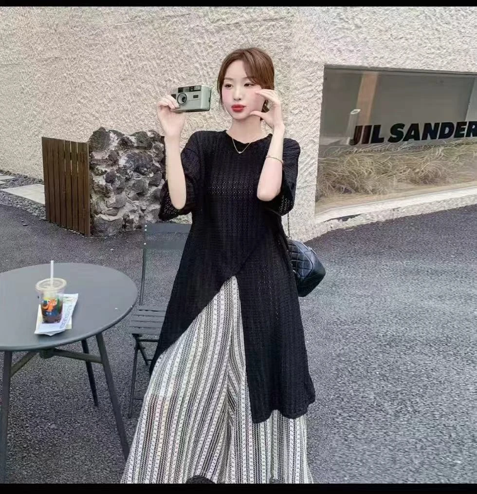 2025欧货韩系不规则网格罩衫+黑白条阔腿裤大码休闲洋气女装2890