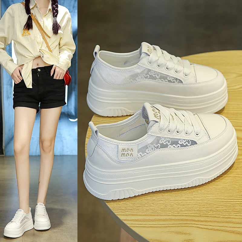 夏季厚底小白鞋女6公分厚底网面透气2025新款运动百搭休闲板鞋