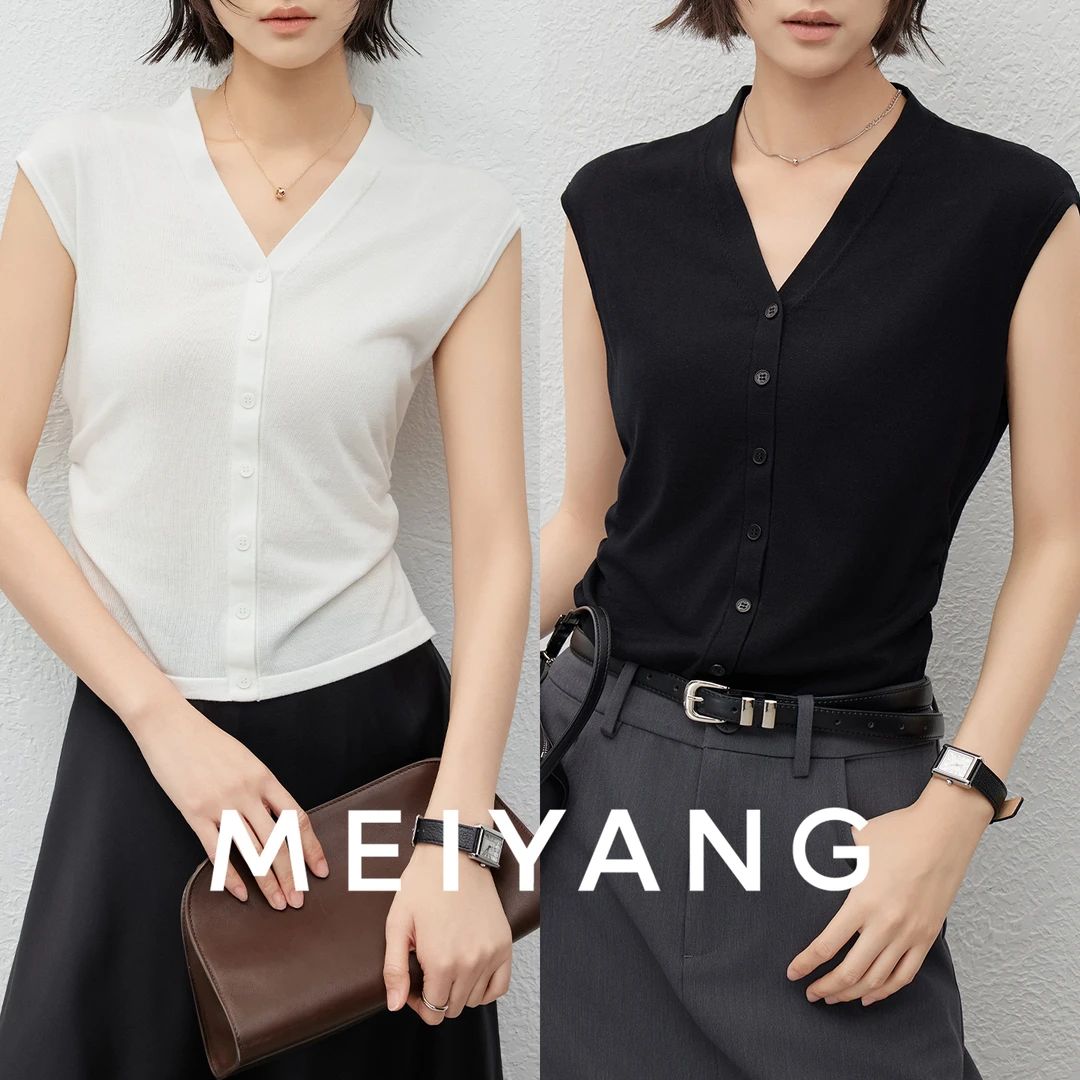 A美洋MEIYANG商场同款飞飞针织背心夏季洋气V领排扣捏褶无袖上衣