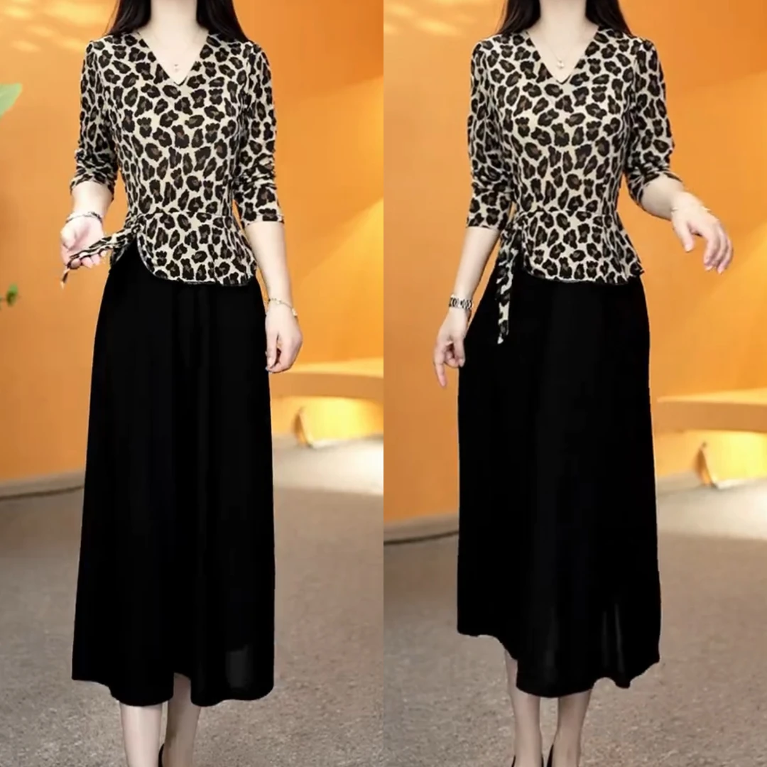 弹力豹纹连衣裙假两件妈妈2025新款气质时尚显瘦减龄中年妈妈裙子