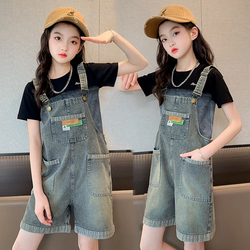 女童套装2025新款夏季洋气儿童短袖T恤中大童牛仔背带短裤两件套