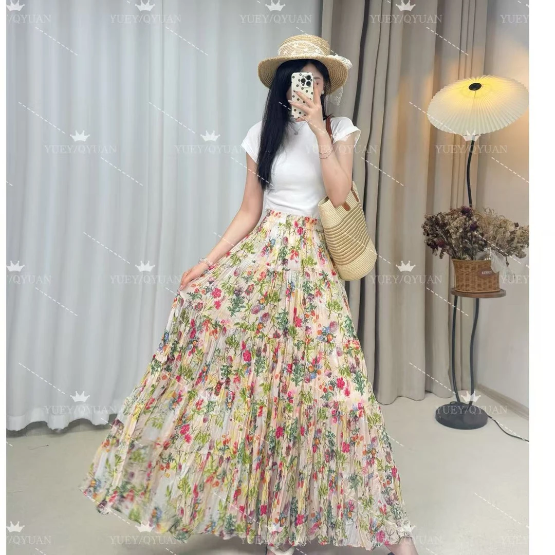 【百花丛】2025春夏新款大裙摆有口袋碎花半身裙复古高腰显瘦长裙