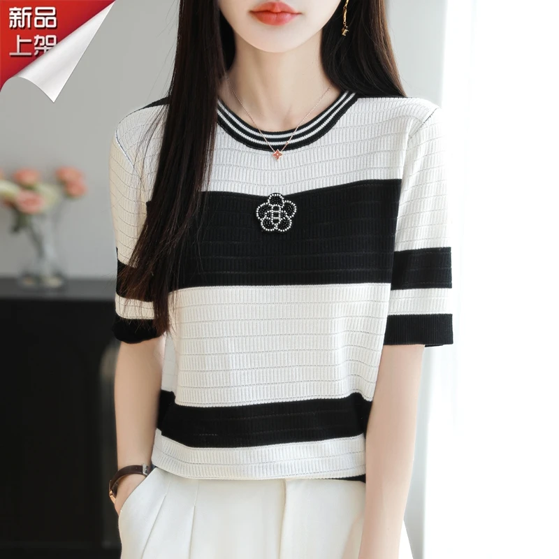 哥弟阿玛施正品夏季茶花钉珠圆领条纹针织衫时尚设计感撞色短袖