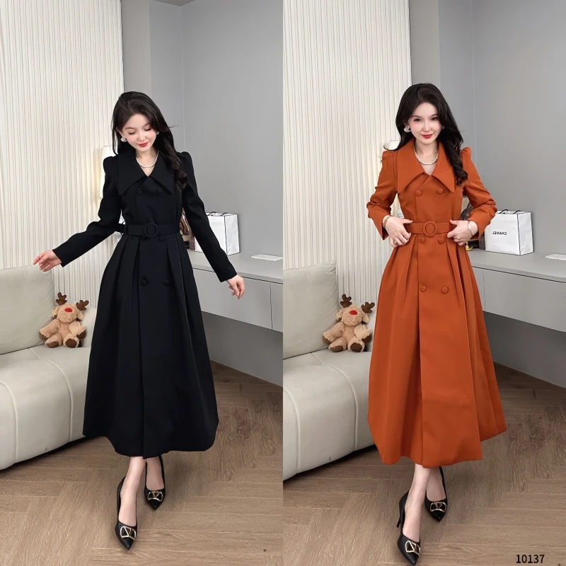Saeda品牌女装翻领双排扣腰带收腰大摆型长袖裙YF10137