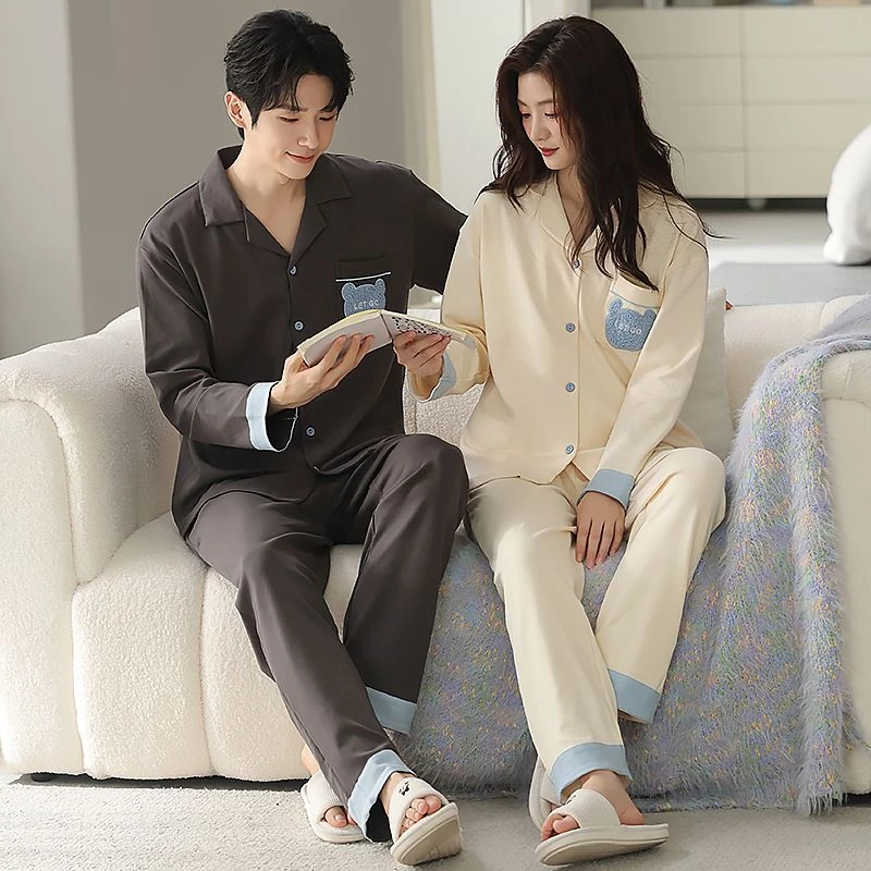 春秋情侣睡衣纯棉开衫可外穿男士女士可爱大码女秋冬季家居服全棉