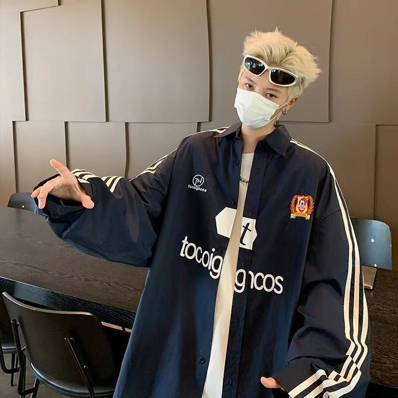 美式高街条纹衬衫男款秋季高级感机车风长袖衬衣vibe潮牌小众外套