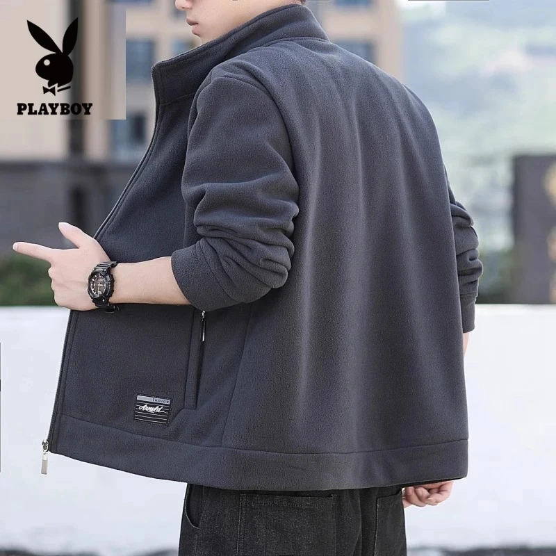花花公子摇粒绒外套男士秋冬季新款韩版保暖潮流百搭休闲立领夹克