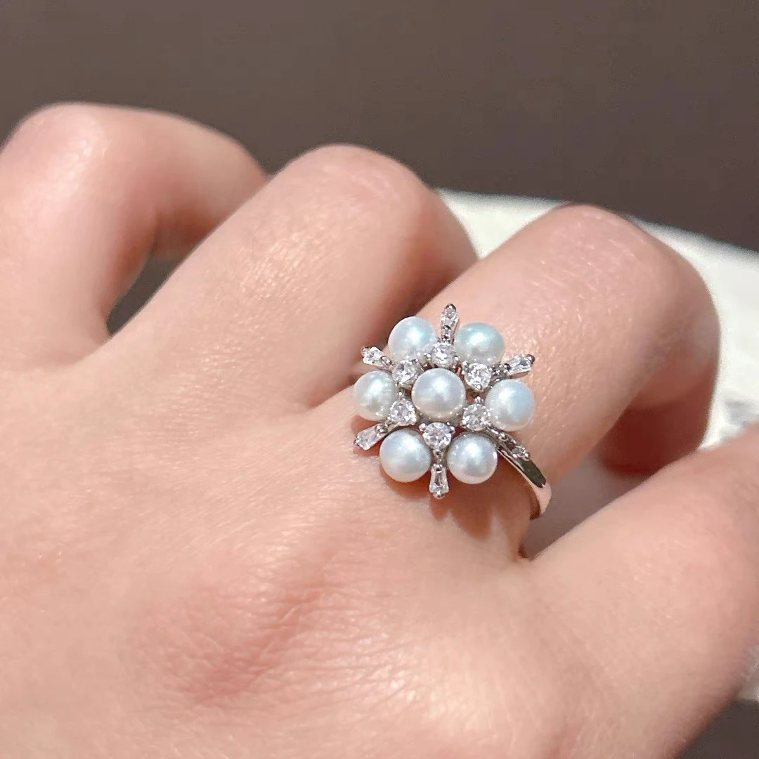 【晓荷】「小雪花」3-4mm无核冷白光厚扁圆珍珠戒指S925（非基地发无证