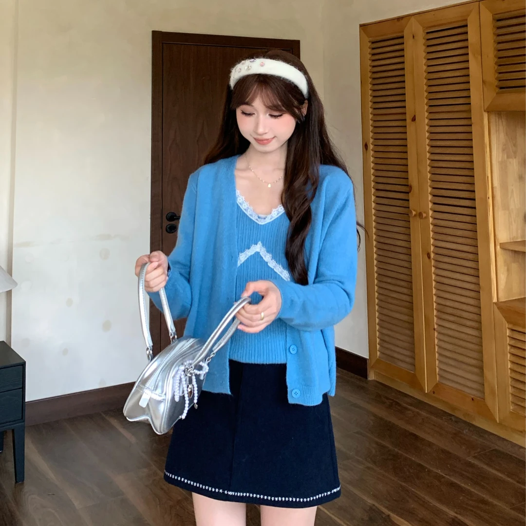 慕兔法式温柔甜美针织衫搭配针织吊带两件套女2025秋季新款套装