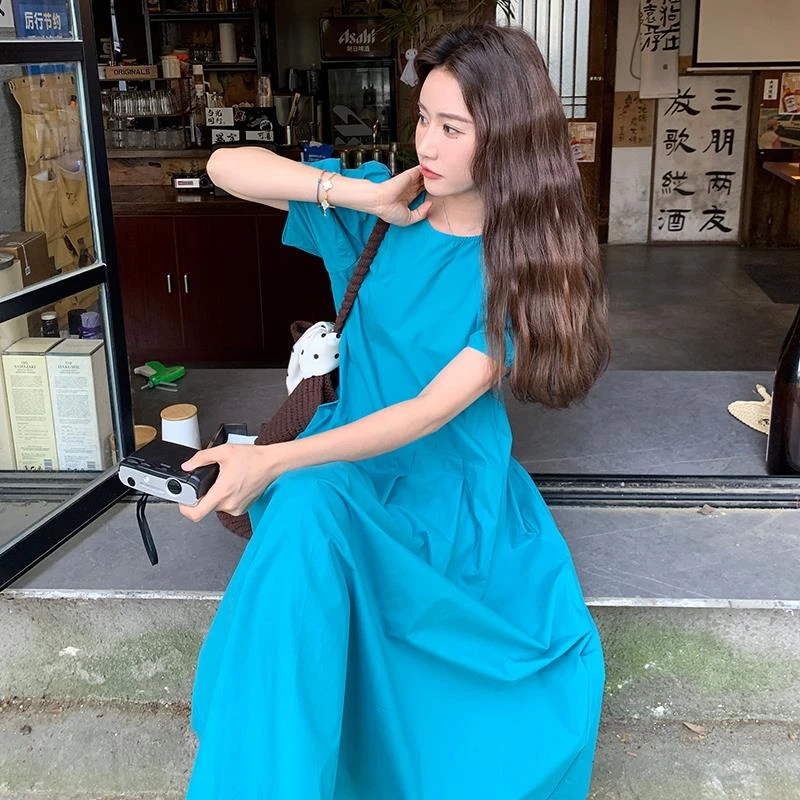 超好看湖水蓝法式泡泡袖连衣裙女2025夏季宽松洋气显瘦显白长裙子