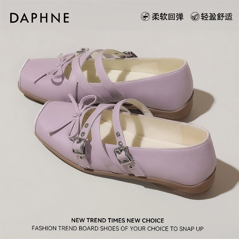 达芙妮方头芭蕾玛丽珍鞋女2025春季新款软底蝴蝶结小皮鞋平底单鞋