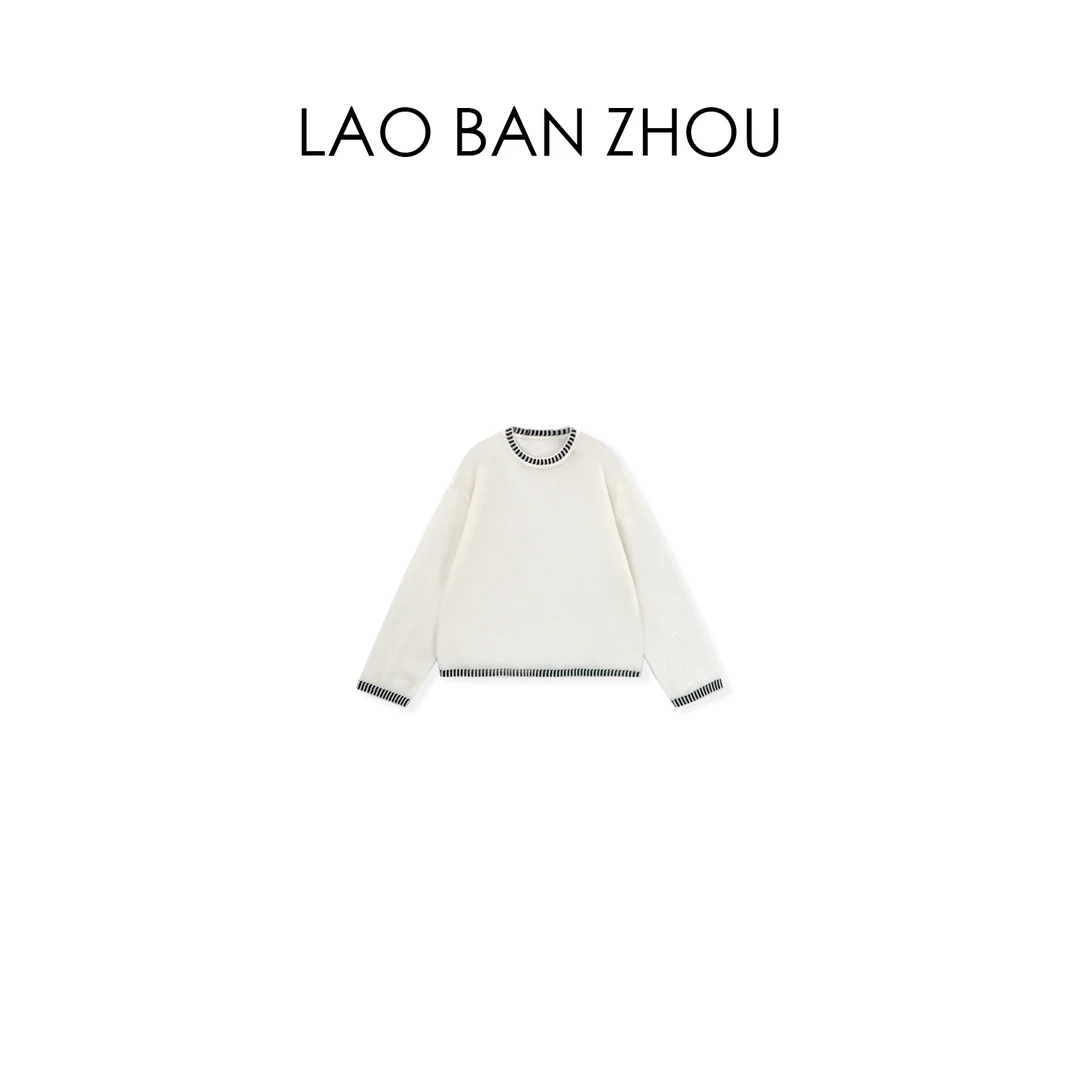 【老板周】时髦复古 圆领撞色设计宽松百搭针织长袖