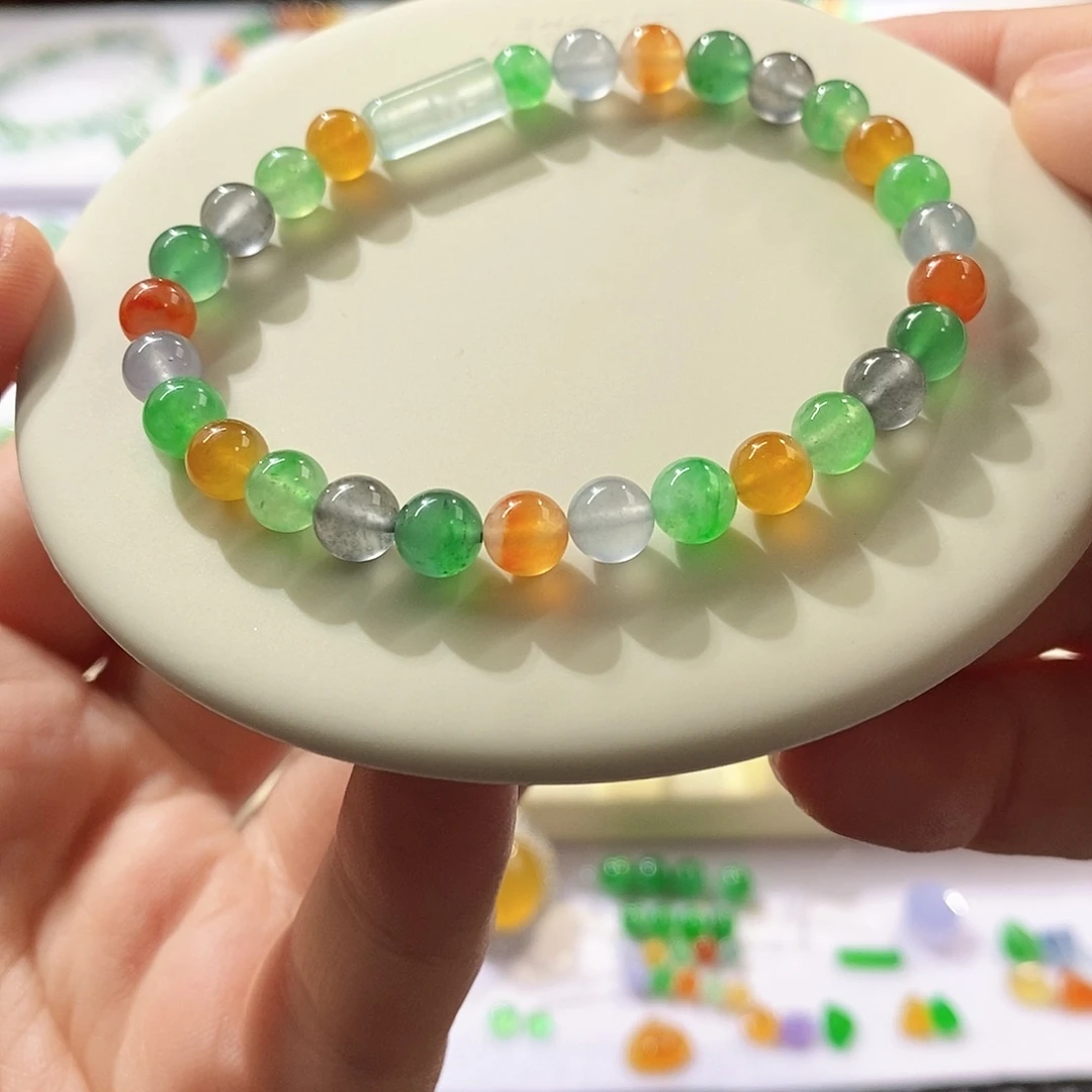 翡翠裸石冰彩虹糖多宝手串