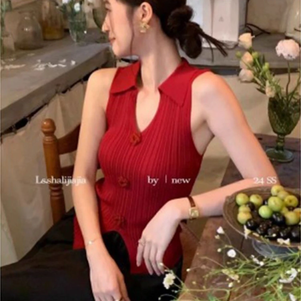 辣妹V领修身针织背心女夏季立体花朵设计感开叉外穿无袖上衣