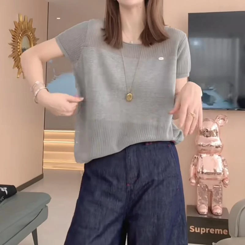 大码女欧货宽松薄款针织衫短袖t恤2025夏季新款胖mm显瘦遮肚上衣