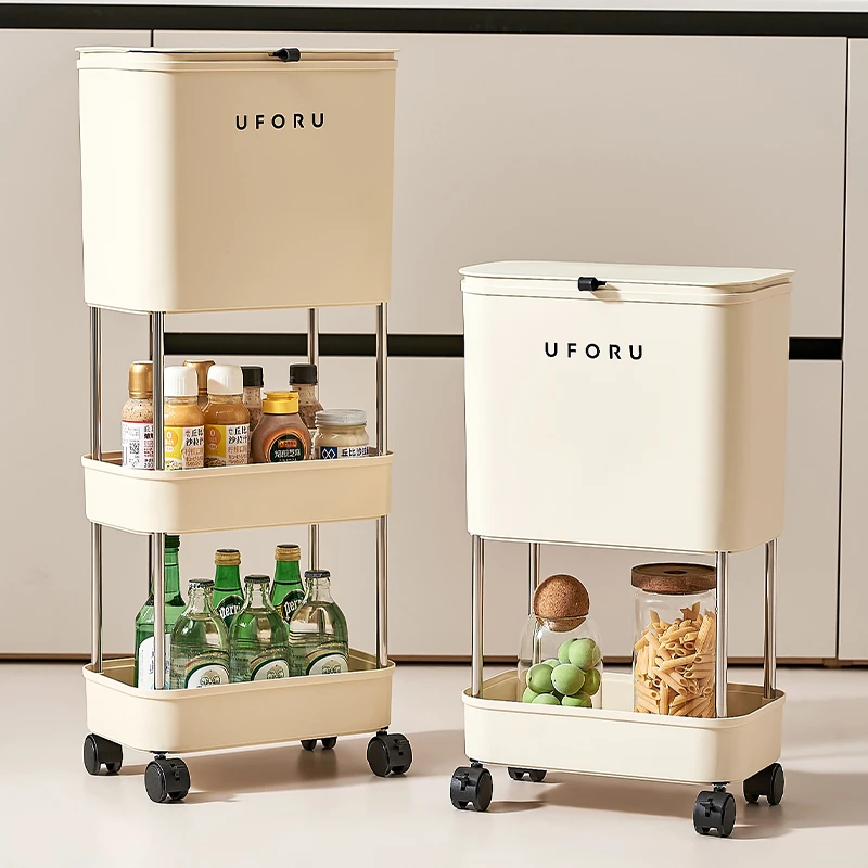 俏洁厨房垃圾桶家用多层大容量带轮移动垃圾桶干湿分离蔬菜置物架