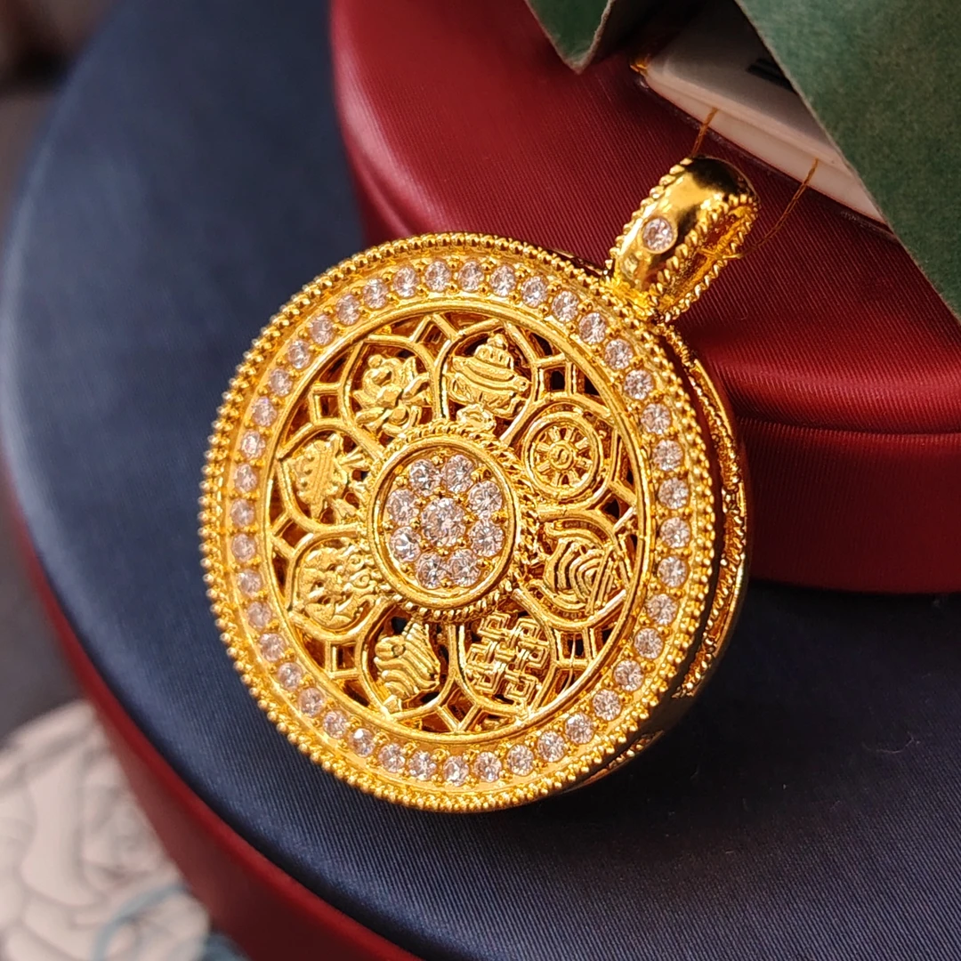足金999莫桑镶嵌八宝莲花福字罗盘吊坠5D女士精致吊坠