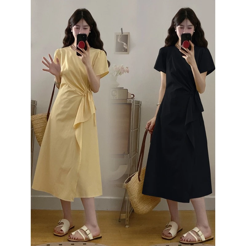 大码法式短袖连衣裙女夏季赫本风气质小黑裙胖MM遮肚显瘦裙子藏肉