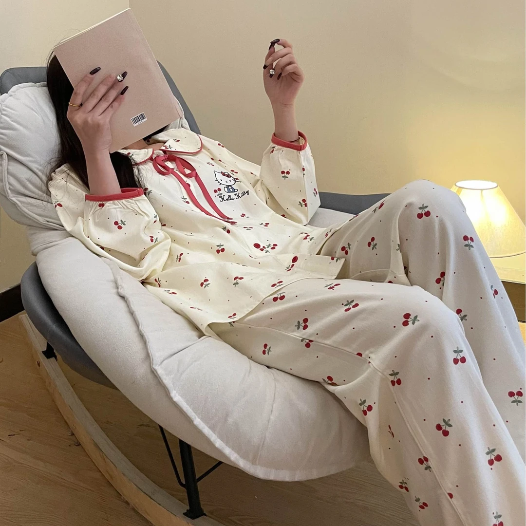 【车厘子凯蒂猫】甜美系带翻领樱桃印花睡衣女春秋季新款家居服套装