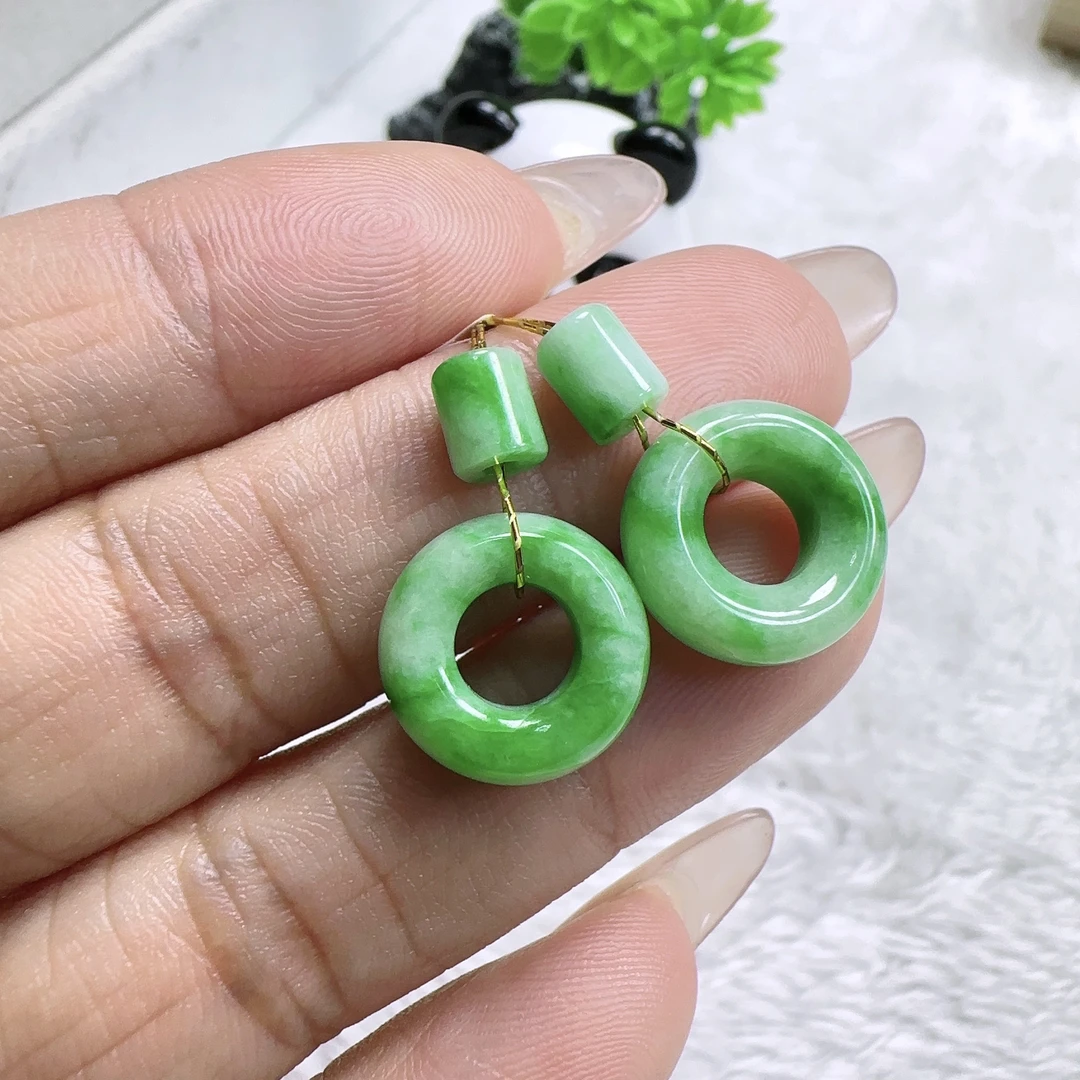 缅甸纯天然A货翡翠飘阳绿甜甜圈耳坠一对 尺寸19.5*13.6*5 A3873