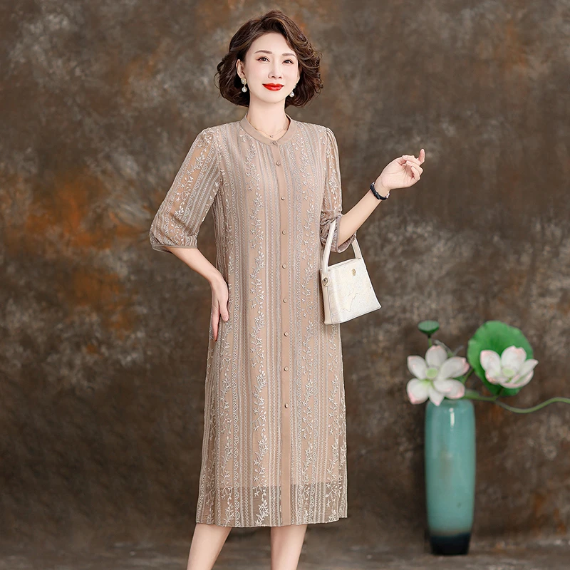 米色中老年高档真丝连衣裙2025新款女夏桑蚕丝贵夫人妈妈气质裙子