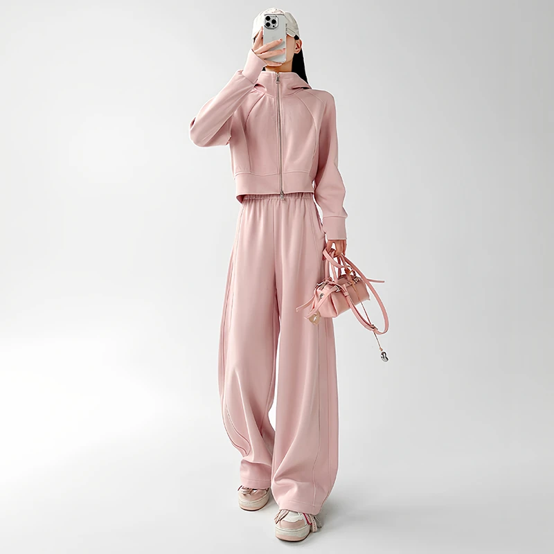 高含棉休闲运动套装女2025年秋冬新款百搭连帽卫衣阔腿长裤两件套