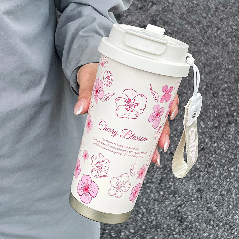 保温杯现代简约咖啡杯车载礼品吸管杯水杯不锈钢咖啡杯铃兰杯