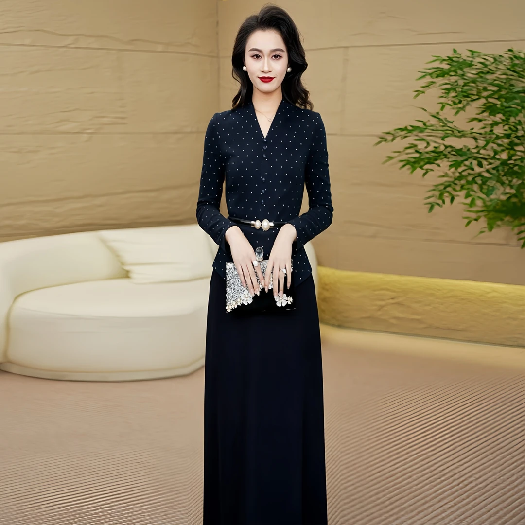秋季藏蓝色假两件连衣裙2025秋季新款修身轻奢高级感穿搭长裙39