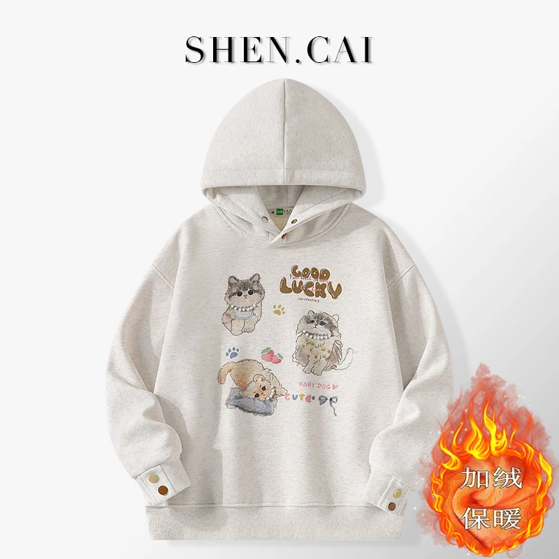 女童加绒连帽卫衣秋冬洋气青少年卡通宽松休闲连帽衫学生加厚衣服