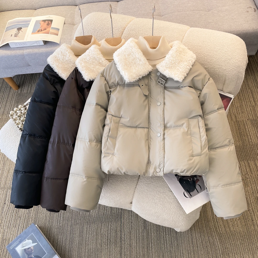 PU皮棉服女冬季爆款2025年新款爆款棉衣短外套羊羔绒毛领拼接棉袄