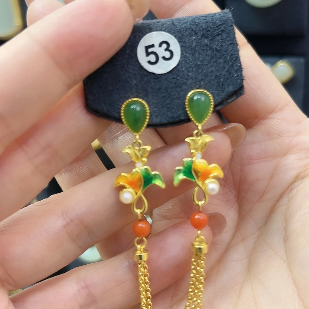 和田玉银S925镀金镶嵌耳饰