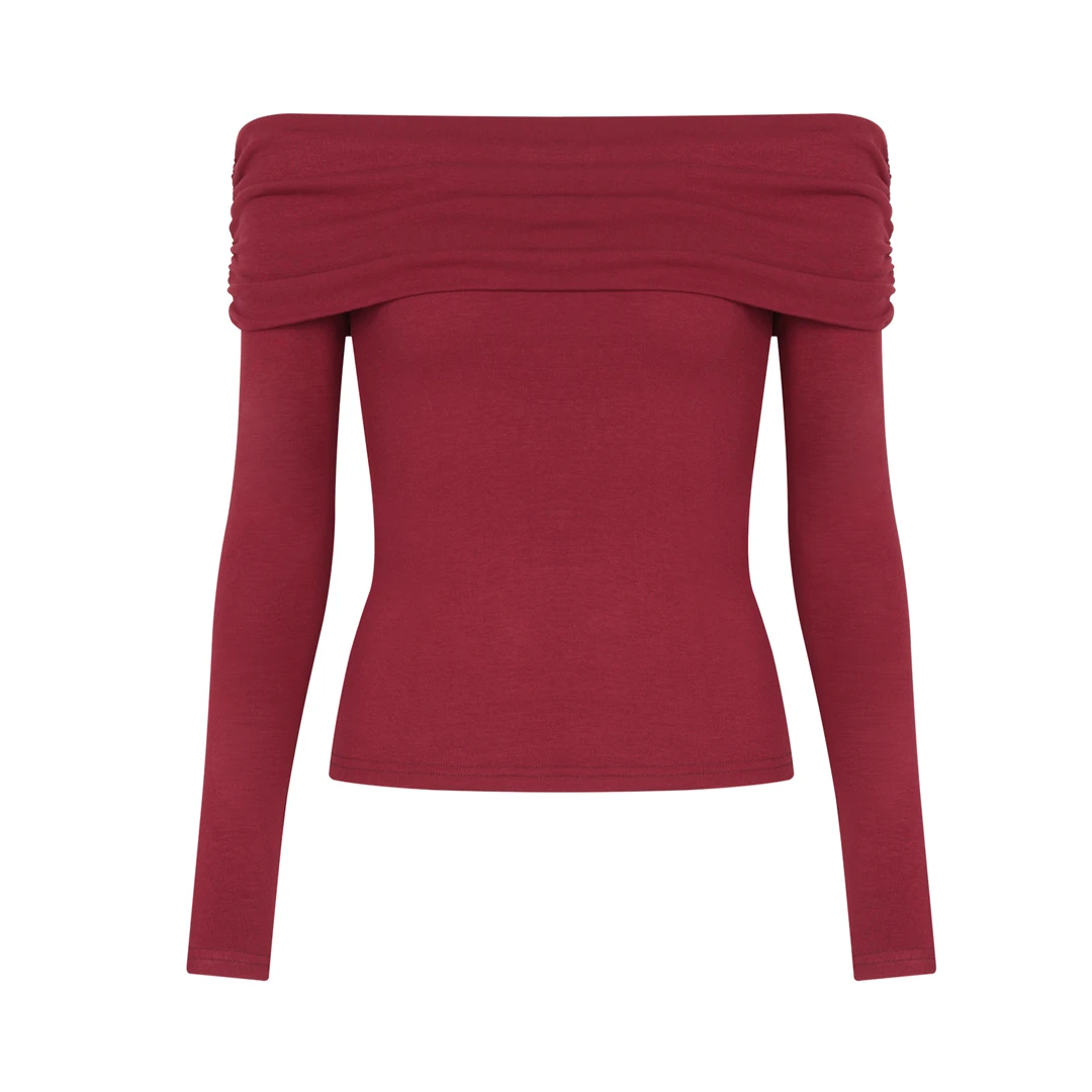 FANGAO【甜辣Honey~】辣妹穿搭红色一字肩紧身内搭绝美不规则上衣