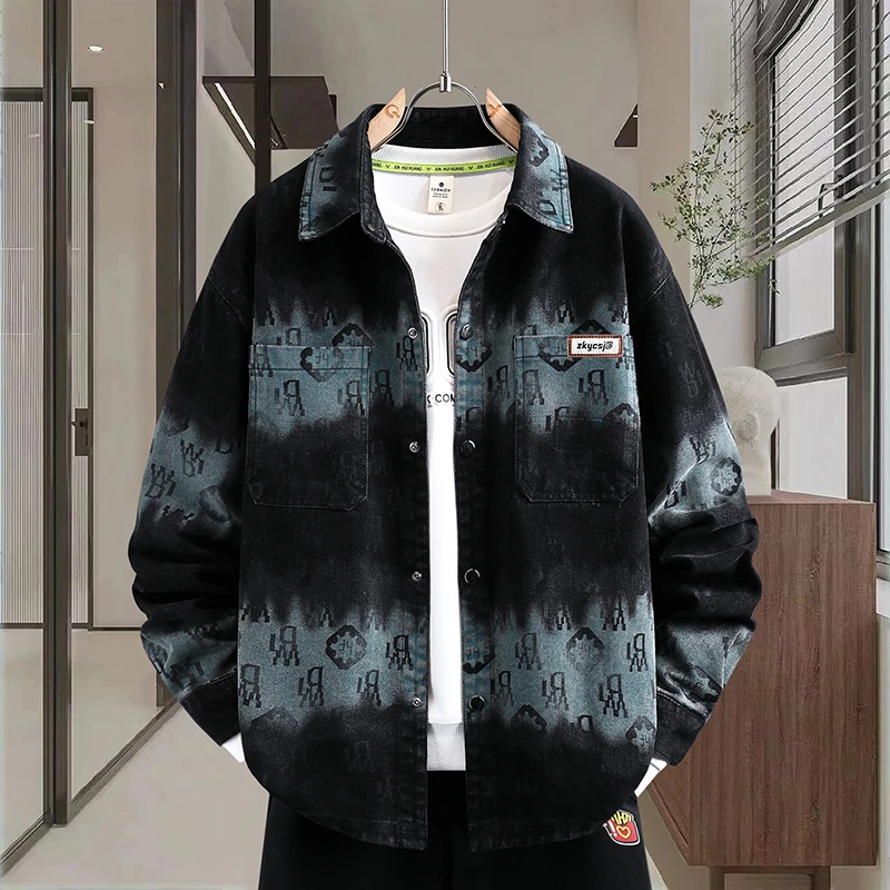 春秋季男士外套休闲字母水洗牛仔夹克百搭时尚潮流青年宽松上衣男