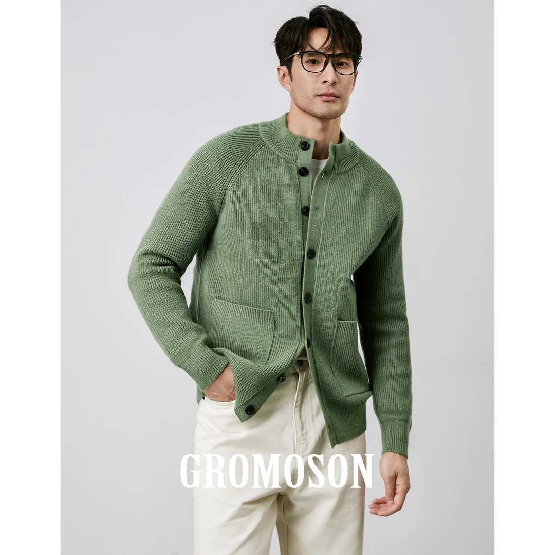 秋冬重磅男士休闲多口袋羊毛开衫厚款保暖老钱风圆领针织毛衣外套