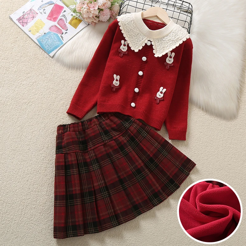 女童红色毛衣套装秋冬款儿童蕾丝领针织衫格子百褶裙子新年两件套