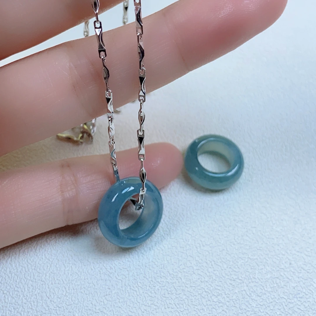 天然翡翠蓝水路路通吊坠15毫米跑环