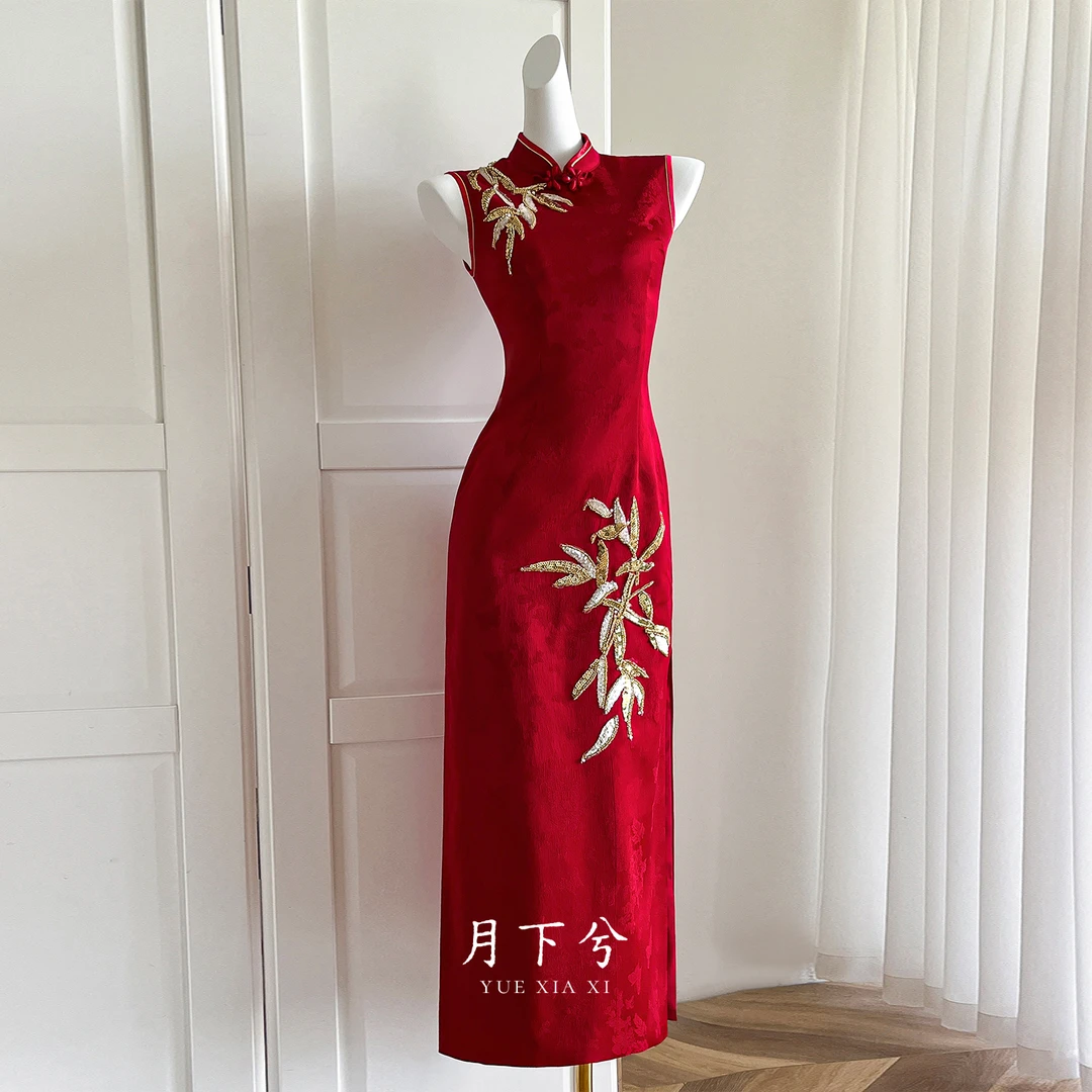 【月下兮-锦竹】新款原创新中式红色旗袍敬酒服礼服裙女披肩套装