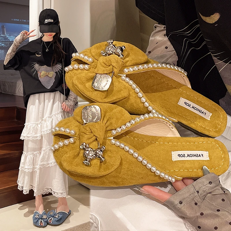 法式珍珠包头半拖鞋女夏外穿2025新款蝴蝶结配裙子平底鱼嘴凉拖鞋