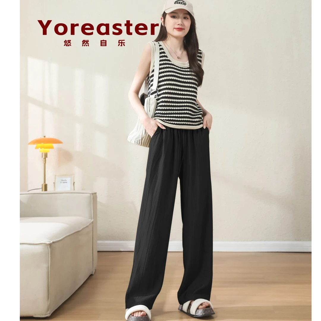 【悠然自乐】压皱松紧腰抽绳直筒休闲裤