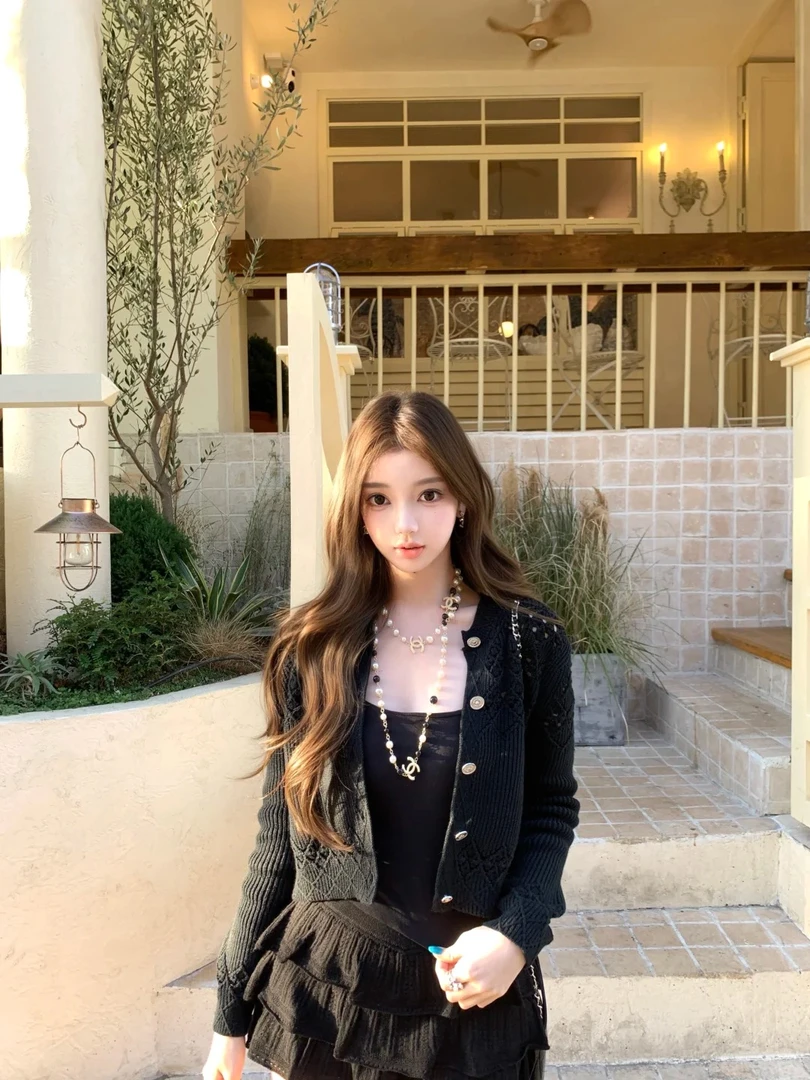 2025秋季新款重工镂空圆领针织开衫+内搭吊带背心配百褶半裙套装