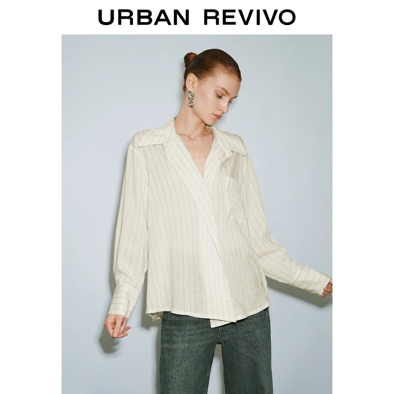 UR2026春季新款女休闲撞色条纹长袖开襟衬衫UWM250099+