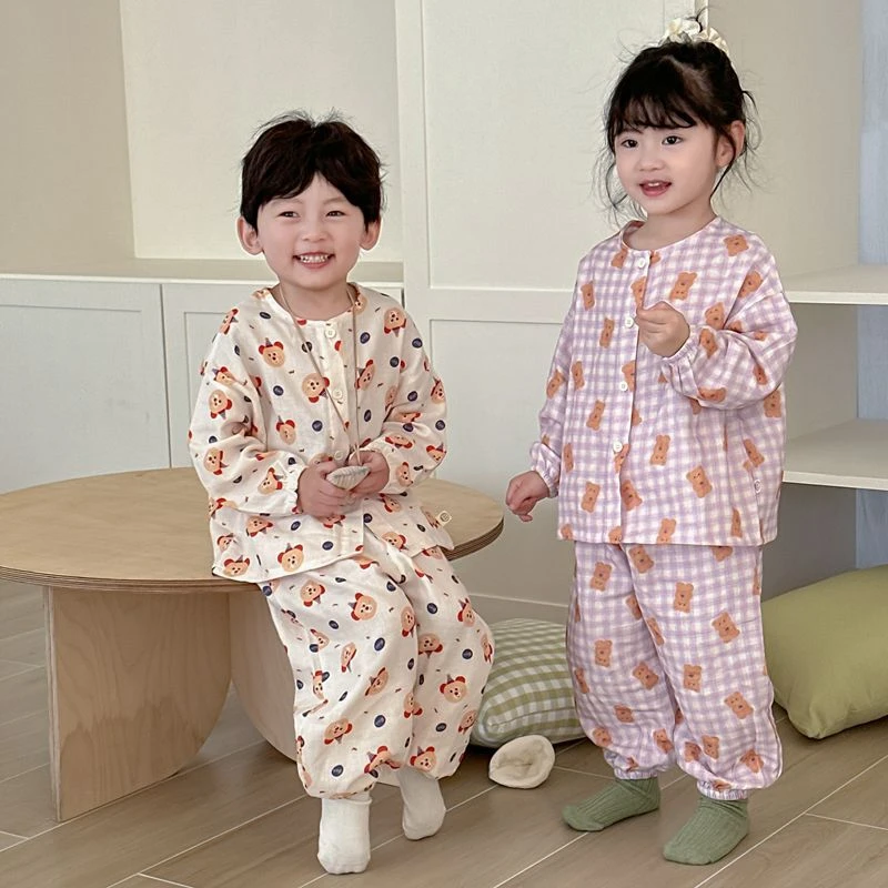 儿童100%婴幼儿棉纱睡衣长袖套装春秋季2025纯棉男女童可爱家居服