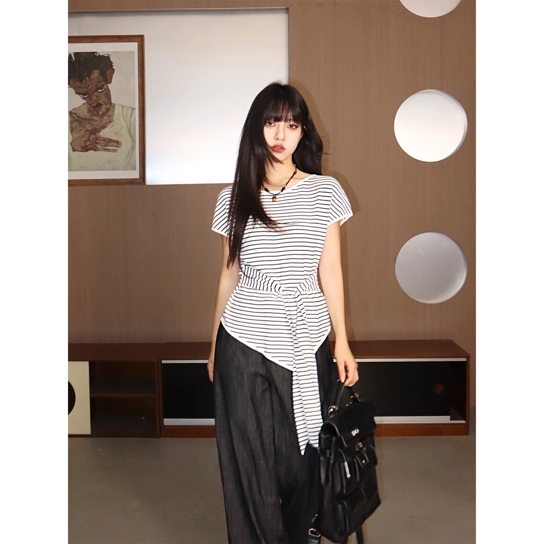 呆毛【5.31/10:00新品】夏季新款设计感条纹绑带修身上衣T恤DMX4031