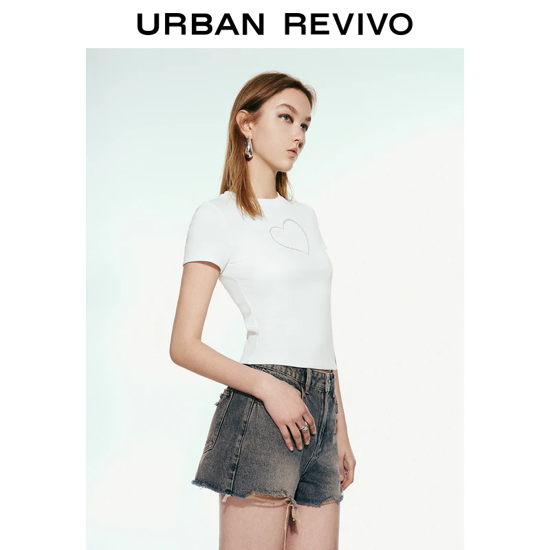 UR2025秋季新款女装时尚休闲钉珠饰修身圆领短袖T恤UYV450052