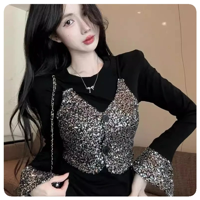 德绒网红时尚亮片拼接假两件打底衫女2025春季小香风气质显瘦上衣