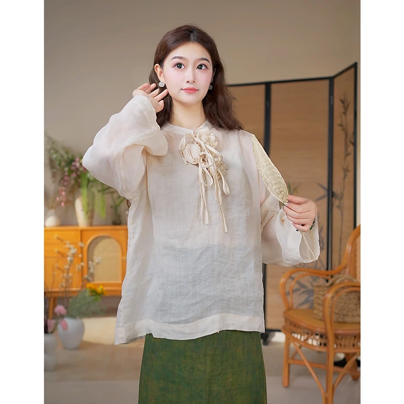 苎麻-复古长袖衬衫立体花朵设计气质温柔-W0403