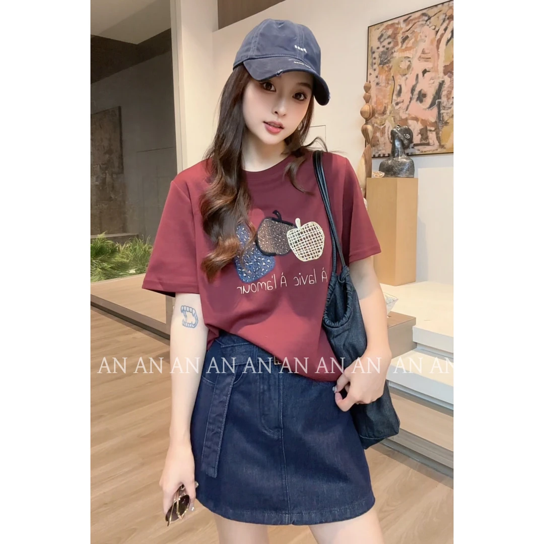 C08219韩系休闲减龄宽松小个子设计感苹果字母短袖T恤