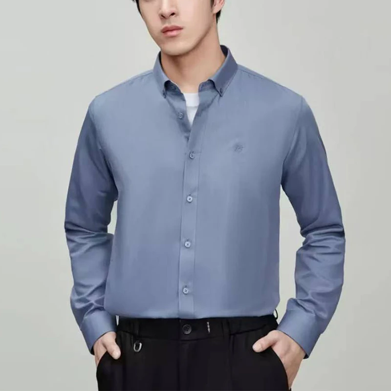 撤柜男装商务纯色制扣领色织长袖衬衫2025春秋季胸前刺绣男士衬衣